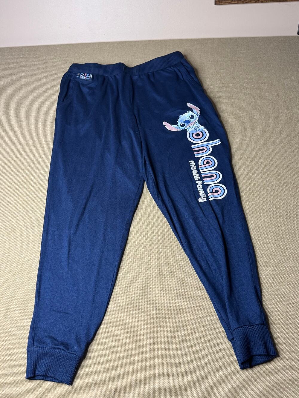 Disney Stitch Ohana Means Family Women’s Small 4-6 Blue Pajama Jogger Pants